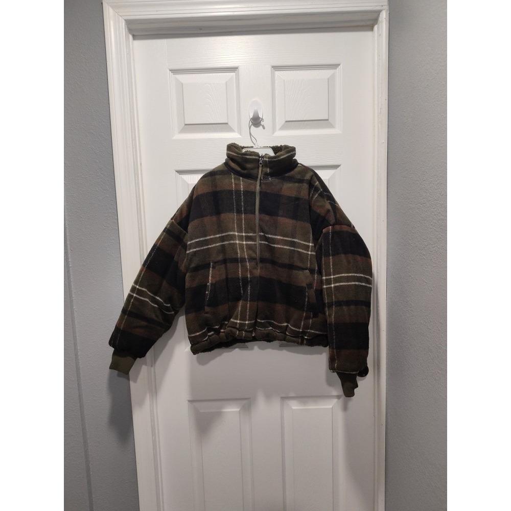 American Eagle Reversible Bomber Jacket Green Plaid Sherpa Flannel Size X SMALL